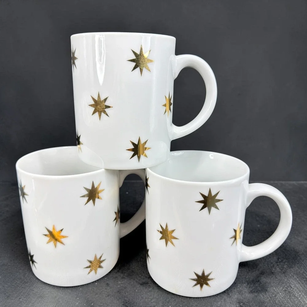 Pier 1‎ Gold Starburst White Ceramic Coffee Mugs Cups Set of 3 Monno Bangladesh